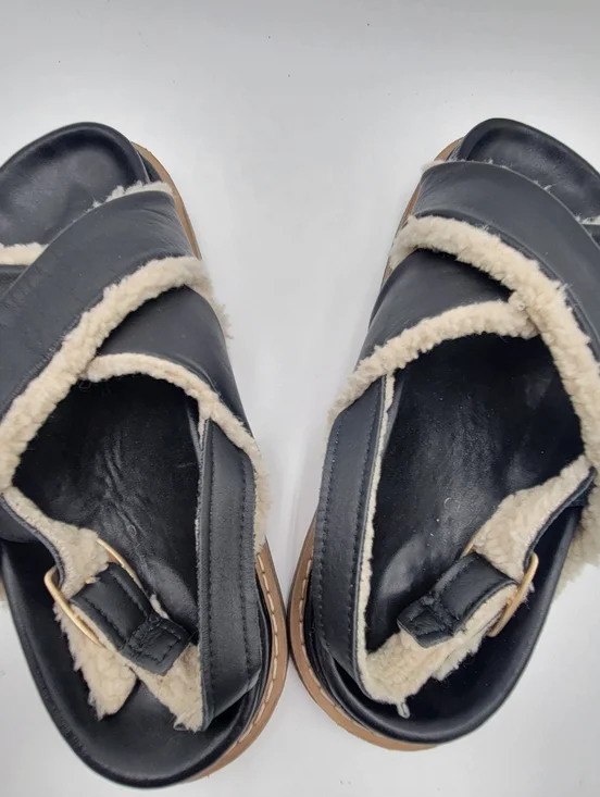 ALOHAS Women’s Marshmallow Black Leather Sandals with Shearling size 37 US 6.5 - Picture 4 of 7